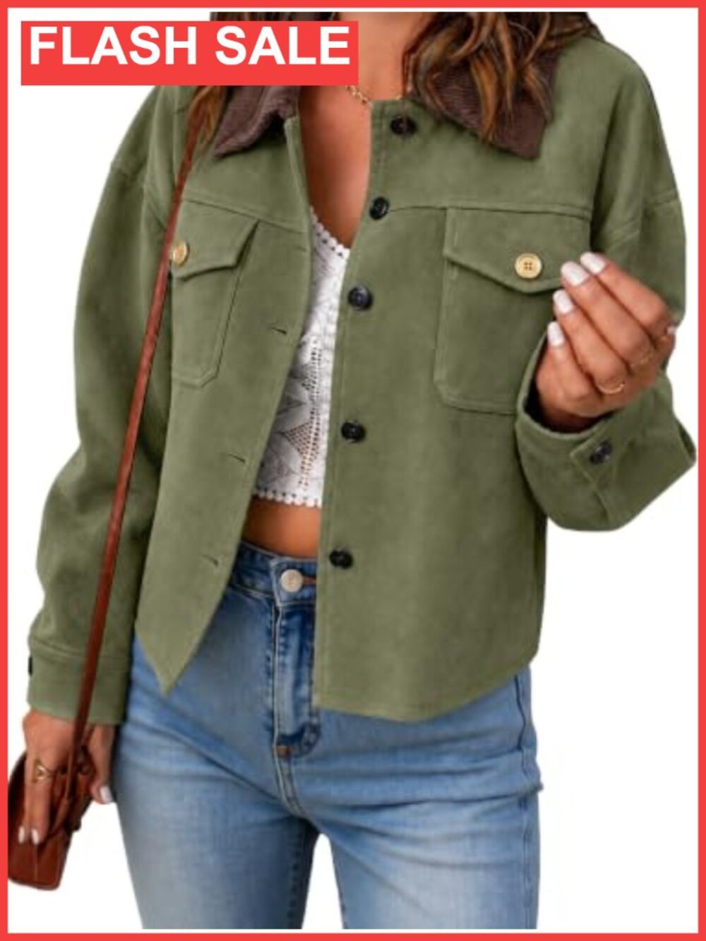 Faux Suede Button Down Shacket with Contrast Collar Fitted Jacket